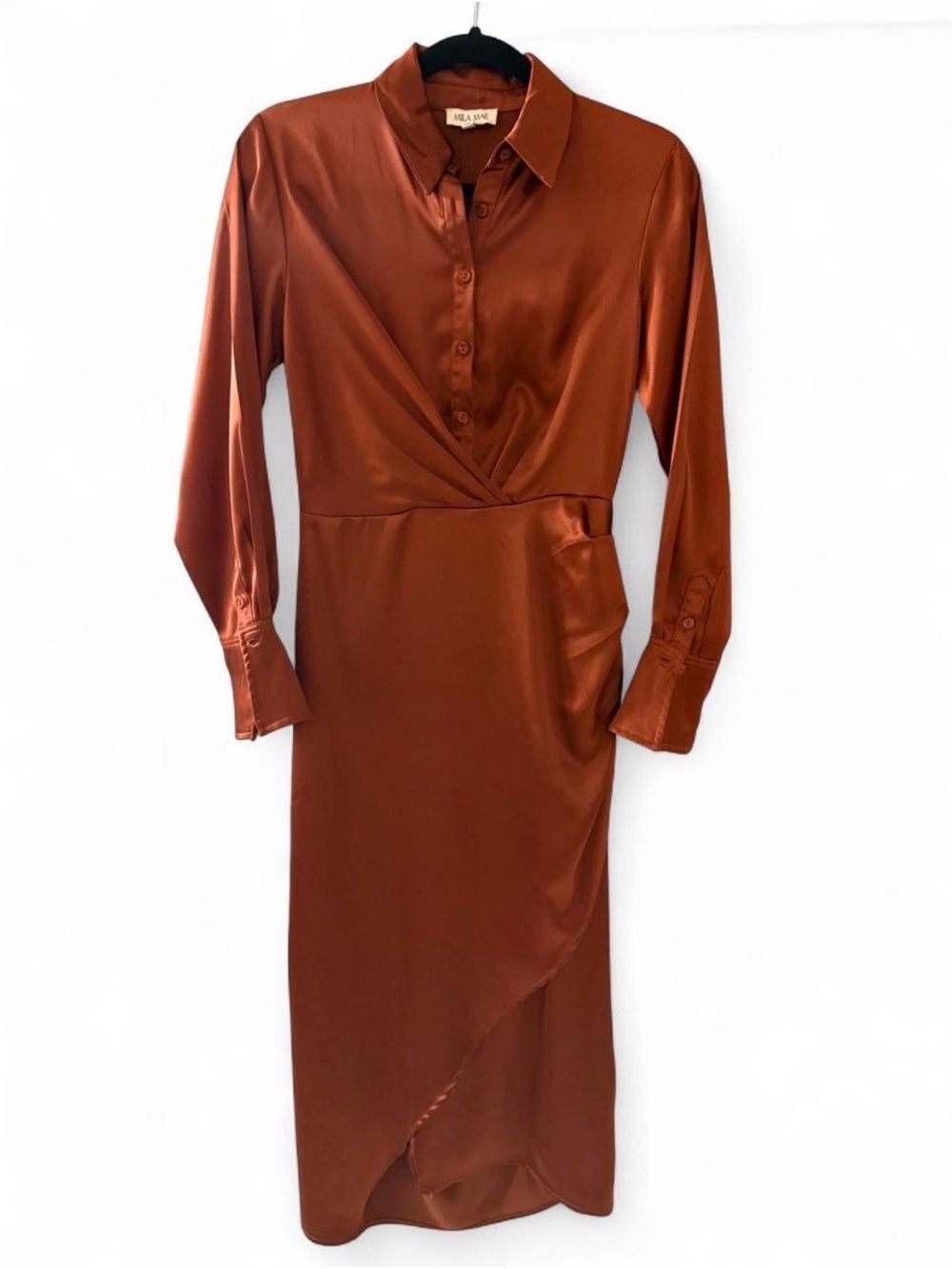 Mila Mae Amber Satin Wrap-Front Long Sleeve Shirt Dress w/slit Size XS